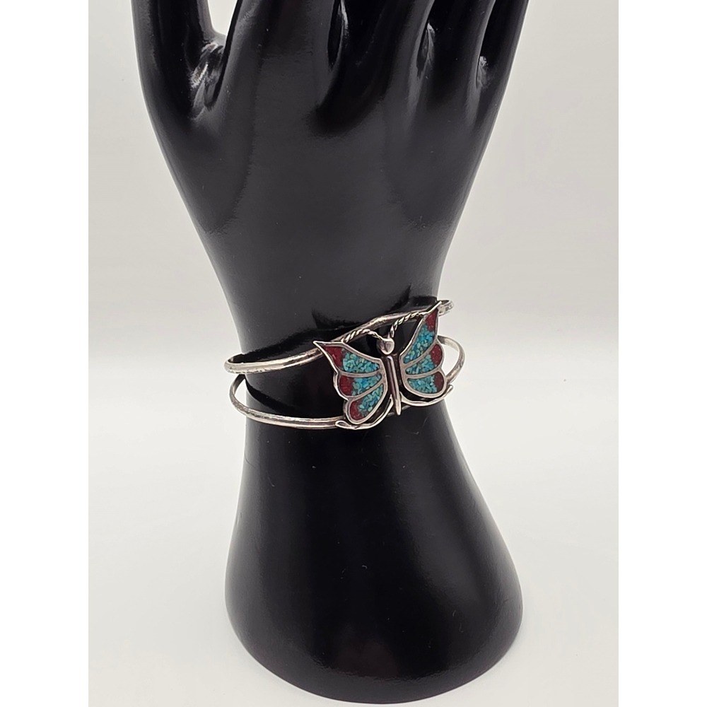 Vintage Southwestern Butterfly Cuff Bracelet Turquoise Coralโ Chip Inlay Silver